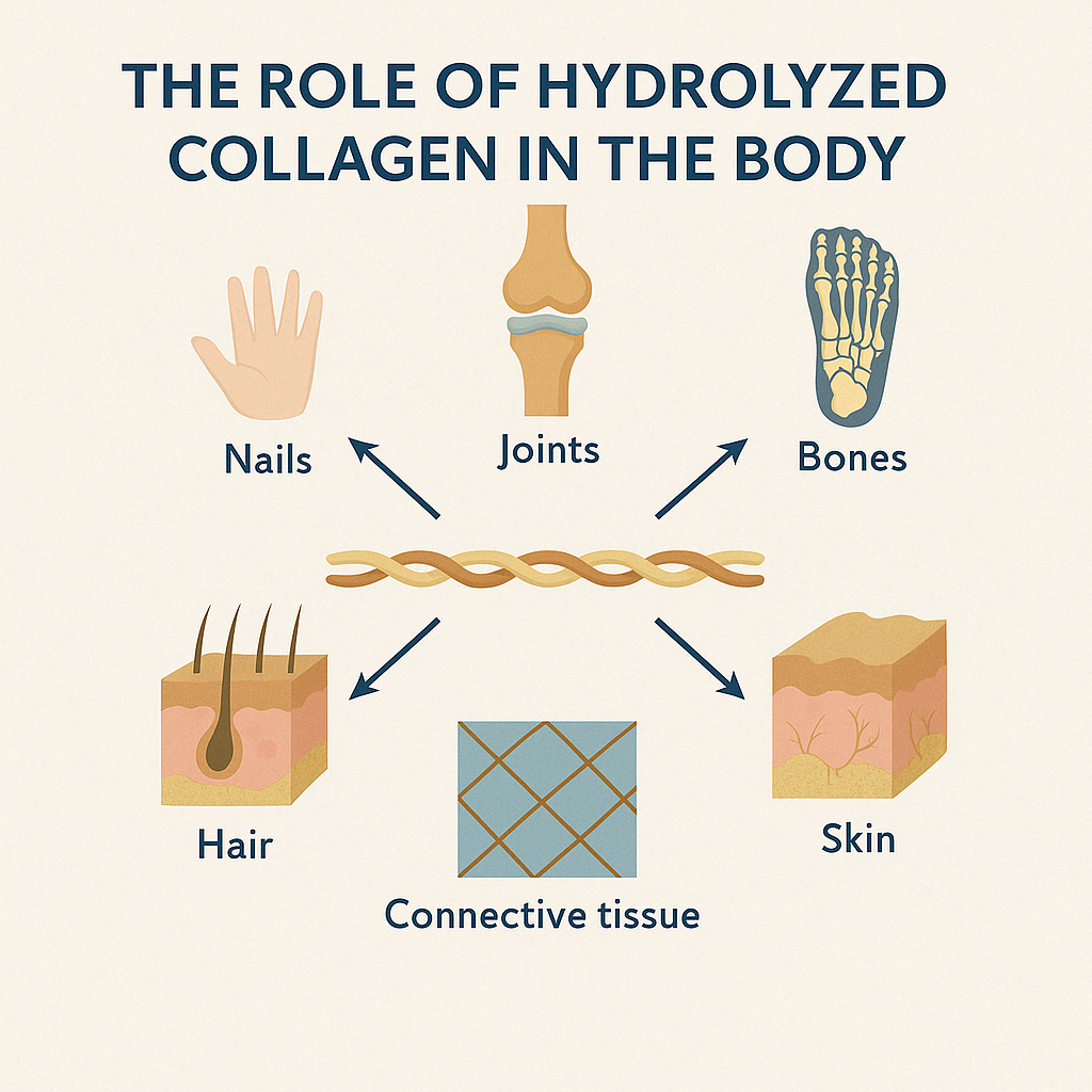 Collagen distribution in the body: Illustration showing collagen's presence in skin, bones, joints, hair, nails, and connective tissues."