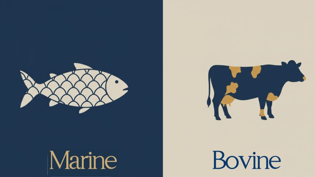 Comparison graphic showing icons representing marine (fish) and bovine (cow) sources of collagen.