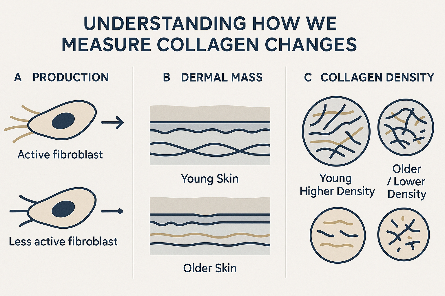 Multi-panel infographic illustrating three ways collagen changes with age: reduced fibroblast production, decreased dermal mass, and lower collagen density in the skin.